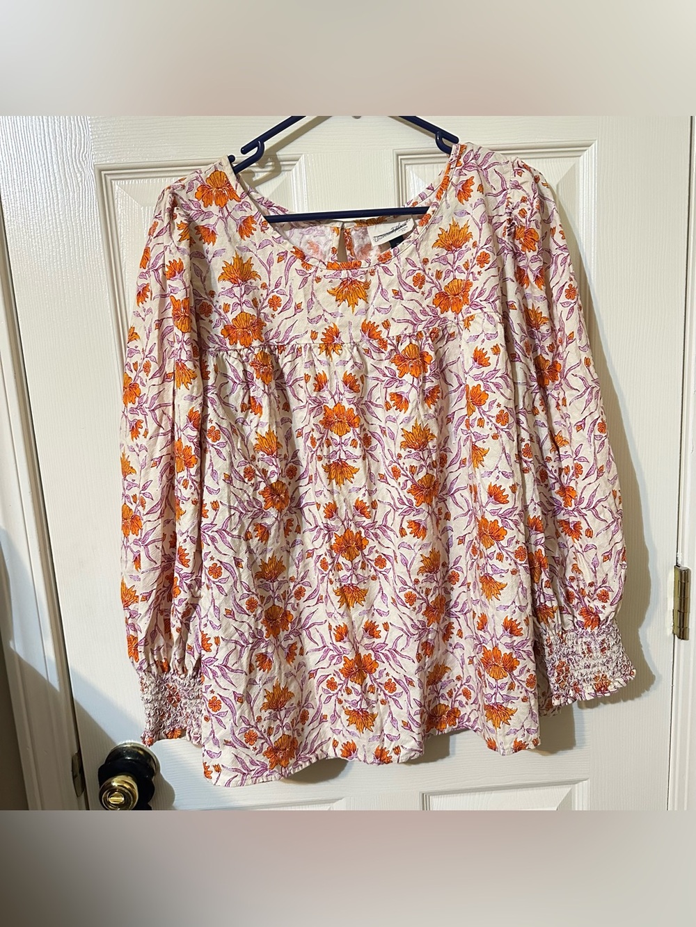 Universal Thread Floral Peasant Blouse - Cream with Orange & Pink Print